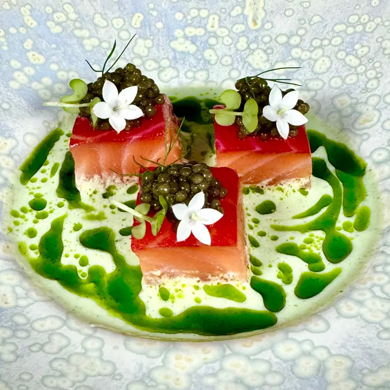 creation thumb for Gravlax salmon, vodka and beetroot, tzatziki and caviar