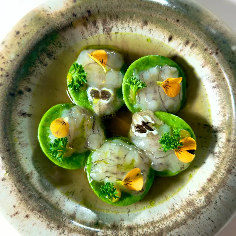 creation thumb for Green pasta with artichokes, mantis shrimp and clementines