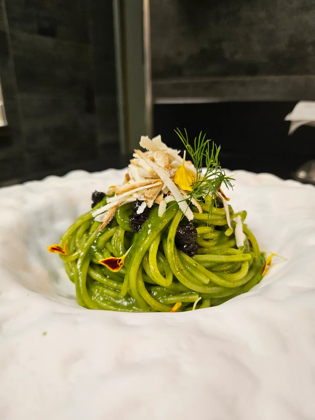 creation thumb for Square Spaghetti with Broccoli Rabe and Fermented Black Garlic