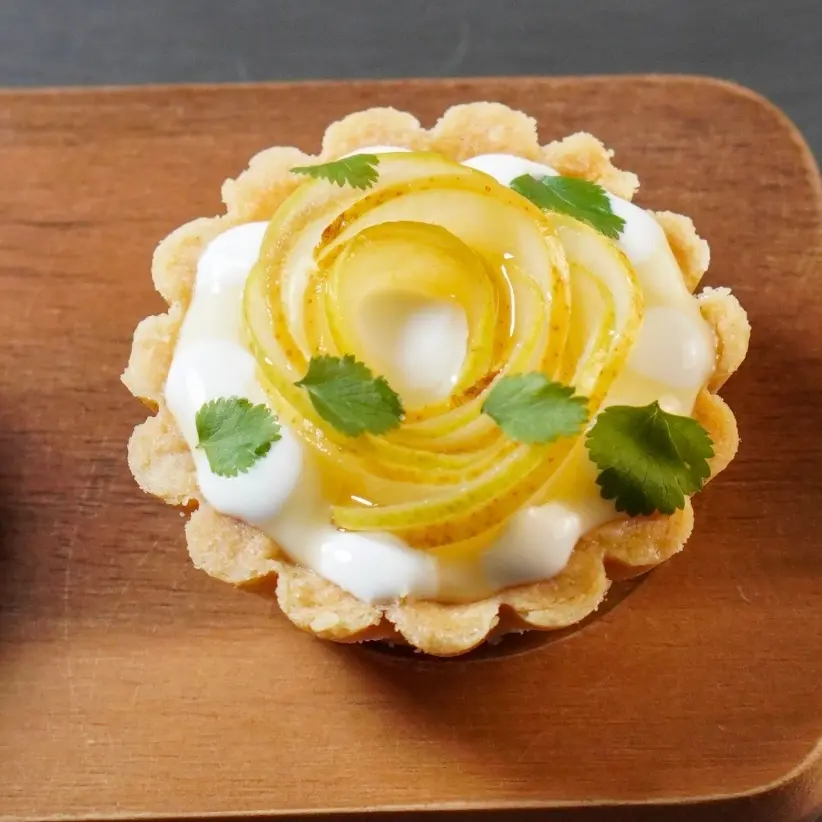 creation thumb for Pear Rose Tartlet with Miso Ricotta Custard