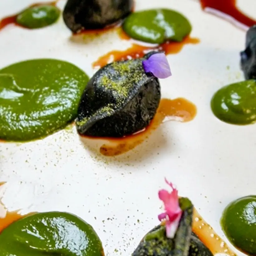 creation thumb for Charcoal Ravioli with Shrimp and Veal Filling & Kale Cream