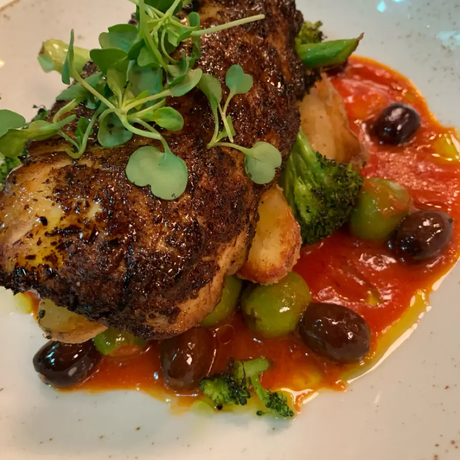 creation thumb for Porcini crusted halibut with tomato and olives.