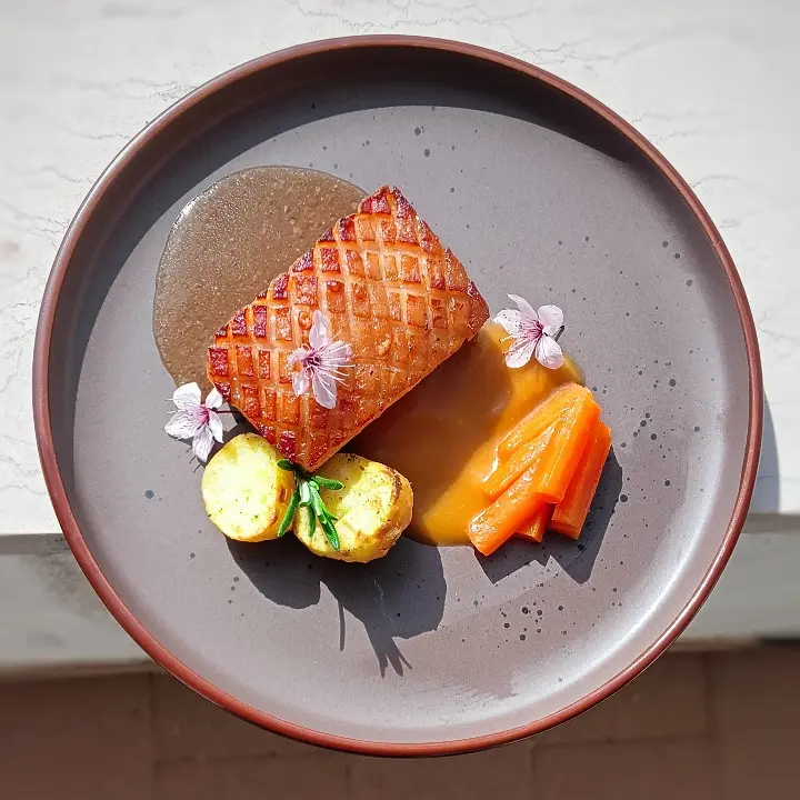 creation thumb for Crispy Pork Belly with CBT Carrots & Roasted Potatoes