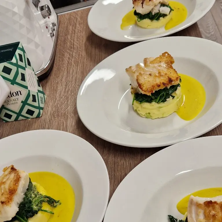 creation thumb for Cod Fillet, Baby Spinach, Potatoes Chump, Saffron Velouté Sauce