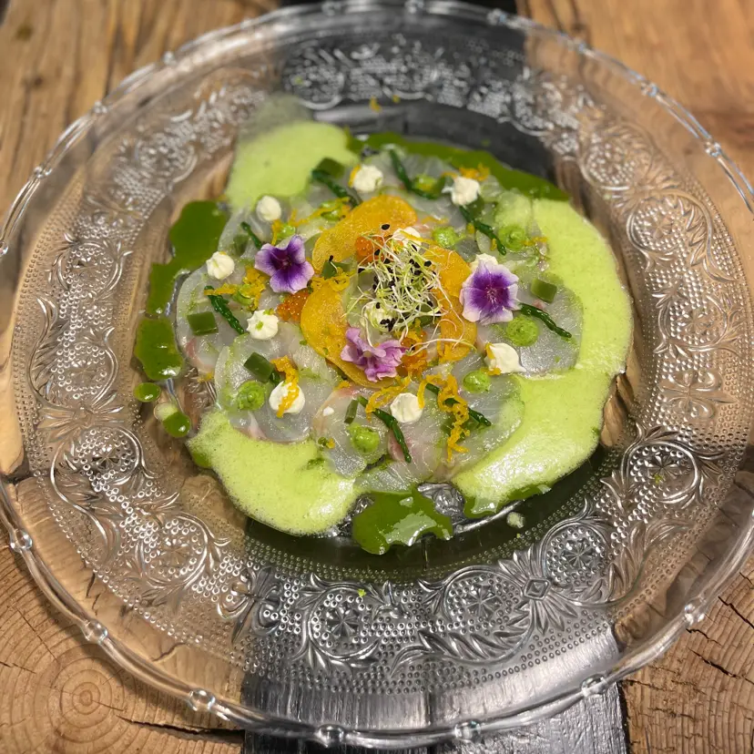 creation thumb for Carpaccio di Lupo Affumicato, Succo di Crescione, Bottarga, Salicornia
