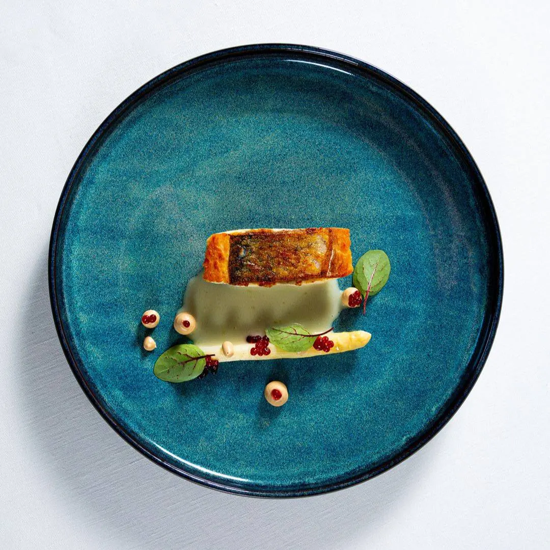 creation thumb for 5-day matured sea bass, white asparagus, Cherry perlage