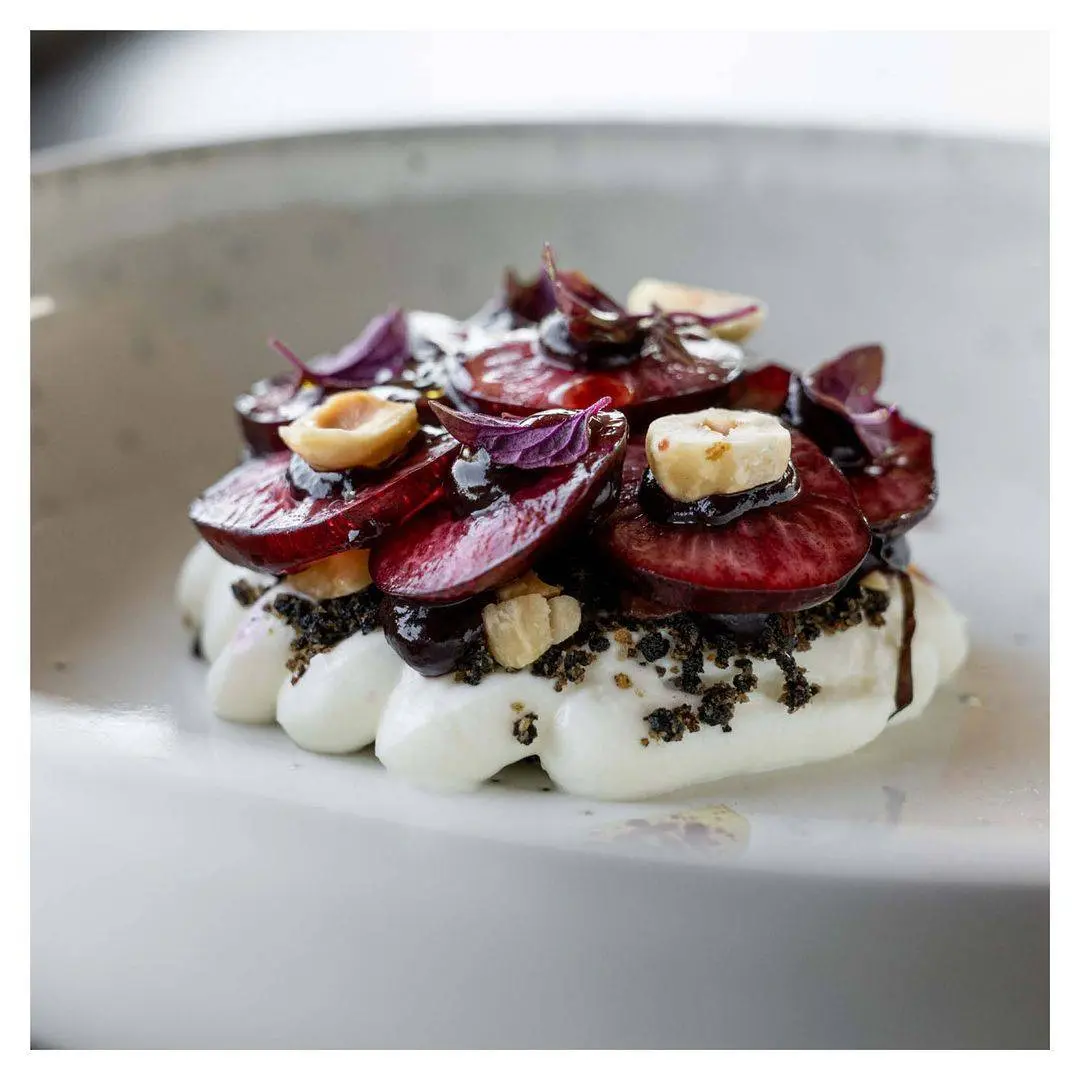 creation thumb for Burrata / Cherries / Shiso / Hazelnut / Lapsang Souchong