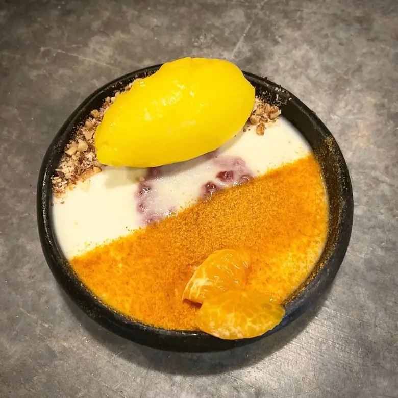 creation thumb for Fennel orange panna cotta, carrot powder, mango sorbet