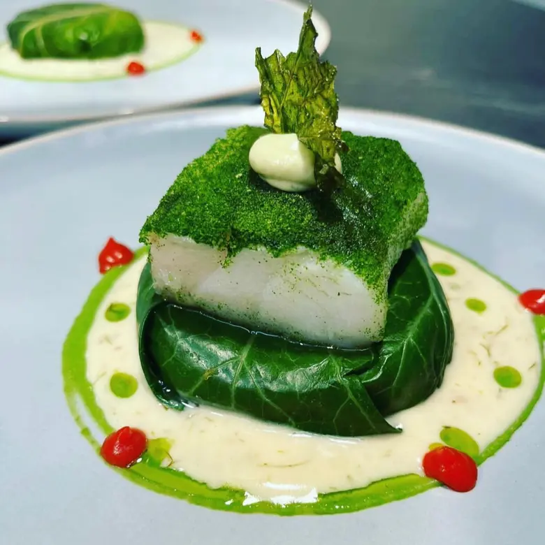creation thumb for Cod w/ collard powder, collard leaf stuffed w/ white yam