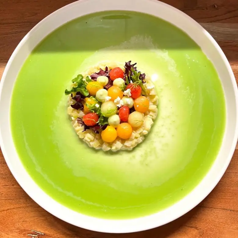 creation thumb for Yuzu glazed Melon salad with miso cucumber on kiwi gazpacho