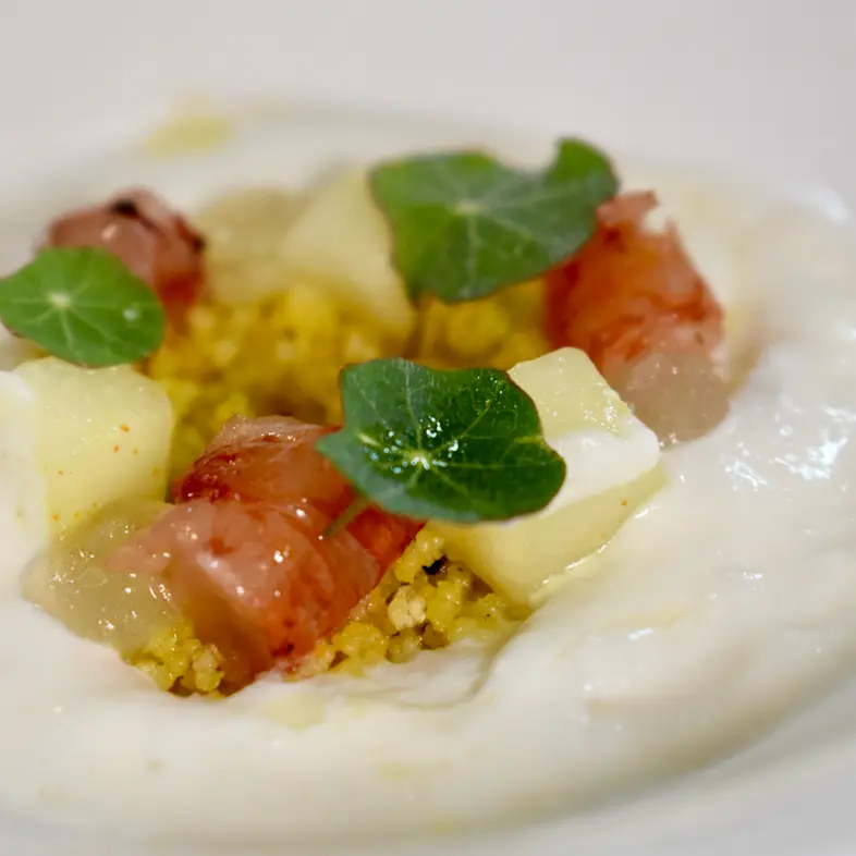 creation thumb for Couscous with Red Prawns,Peaches, Burrata & finger lime