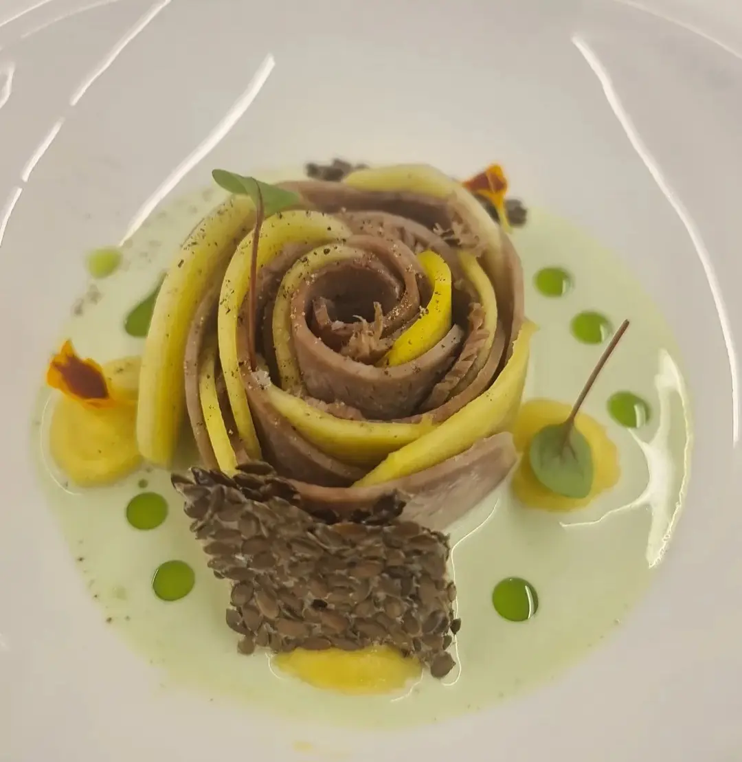 creation thumb for Veal Tongue | Pumpkin | Horseradish | Chives | Flaxseed