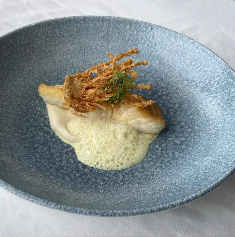 creation thumb for Halibut with Saffron–Tarragon Foam and Celery Root Purée