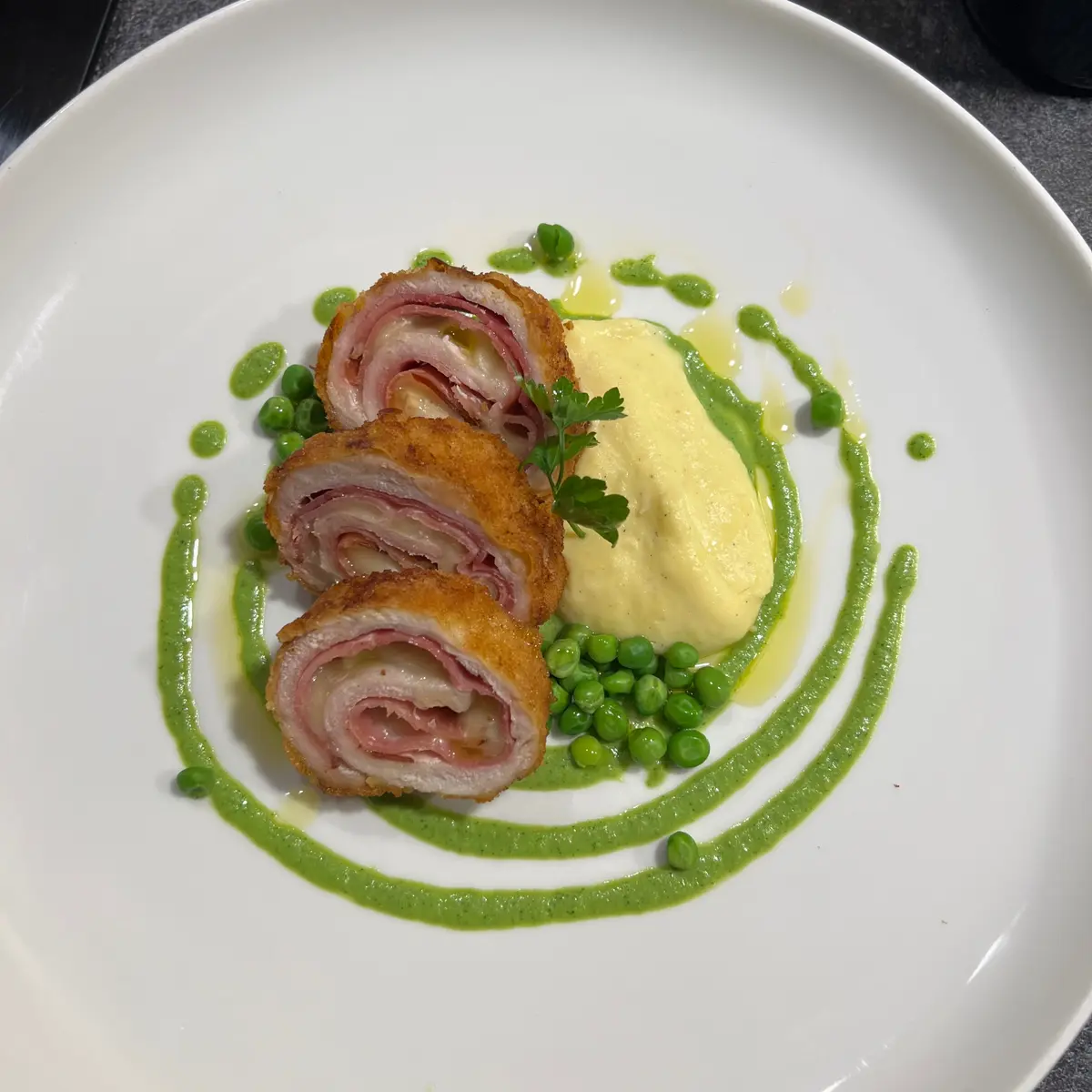 creation thumb for Pea & Parsley Cream, Creamy Mashed Potatoes, and Pork Cordon Bleu