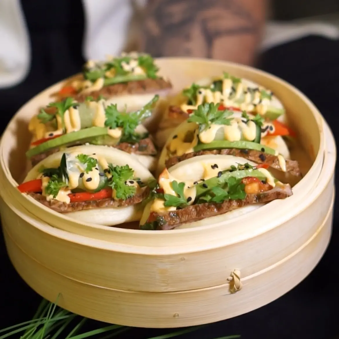 creation thumb for Bao with Crispy Pork Belly and Romaine Kimchi
