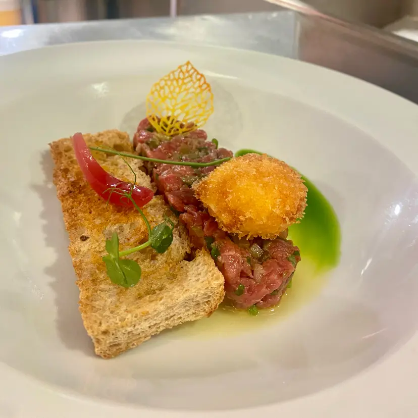 creation thumb for Beef Tartare w/ Fried Egg Yolk & Bread