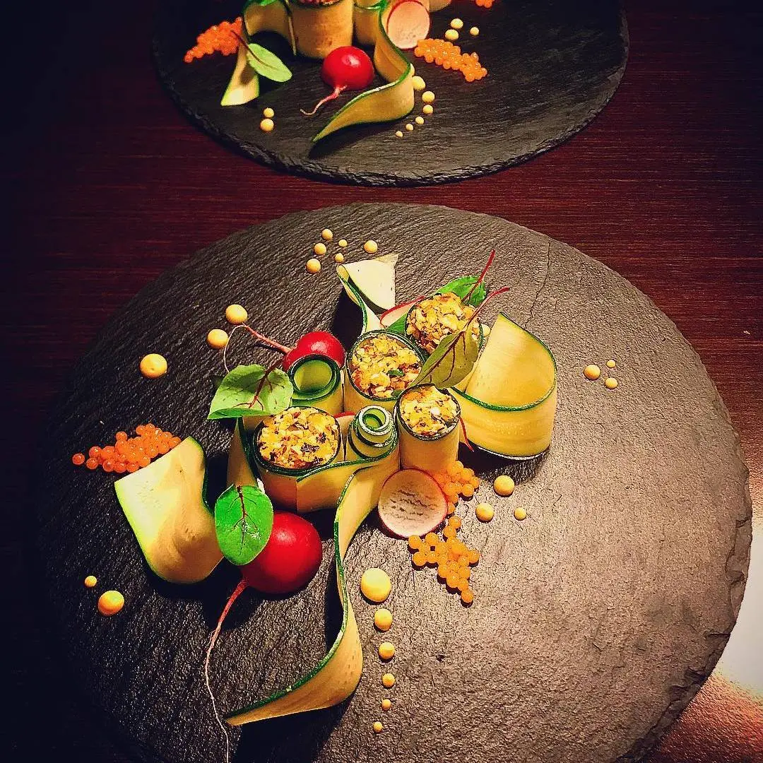 creation thumb for Raw dish, courgettes, almonds, carrots, nori seaweed and light mustard