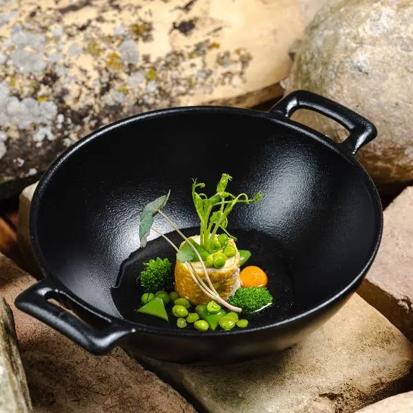 creation thumb for Scrippelle 'mbusse", spring vegetables, Liquorice consommé