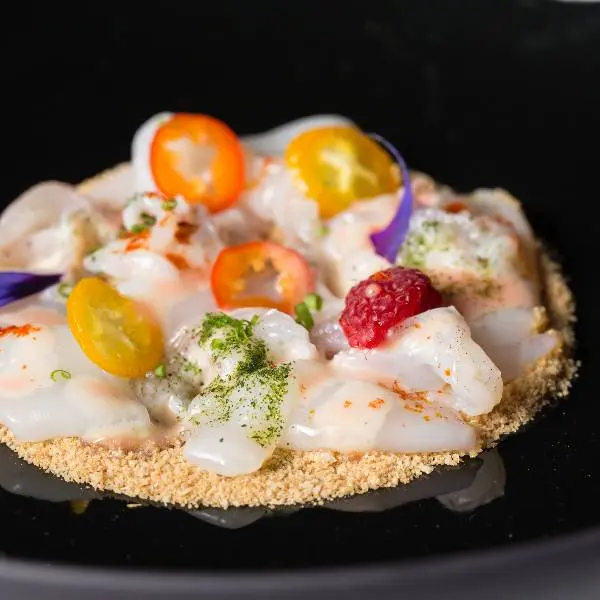 creation thumb for Semi-raw squid, crispy bread “sand” and raspberry