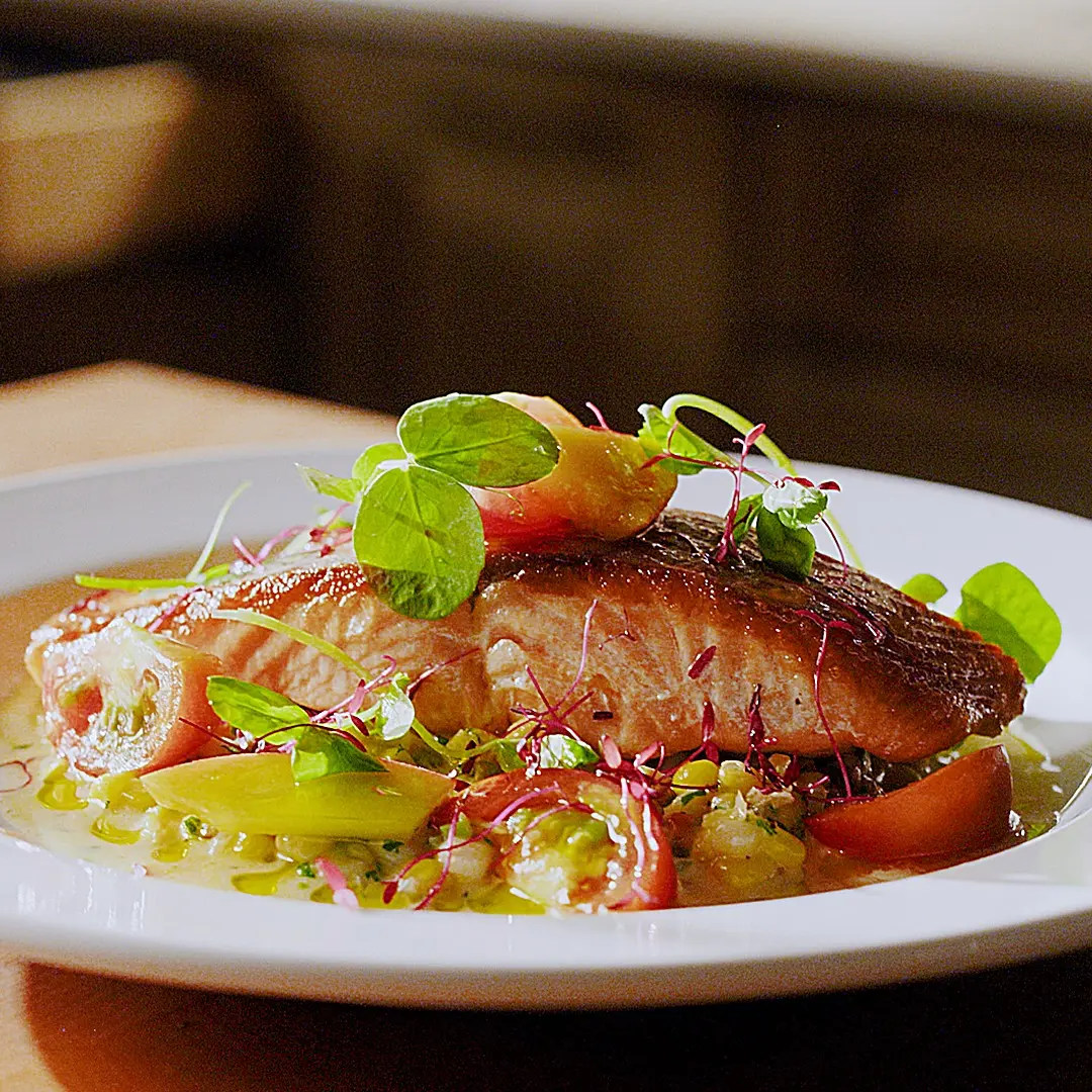 creation thumb for Salmon with Corn Succotash and Tomato & Peach Salad