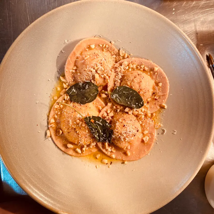 creation thumb for Beetroot pasta filled with cacio e pepe , hazelnut butter