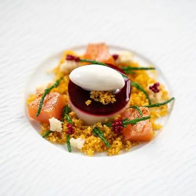 creation thumb for Nut butter cauliflower mousse with beetroot jelly salmon | horseradish