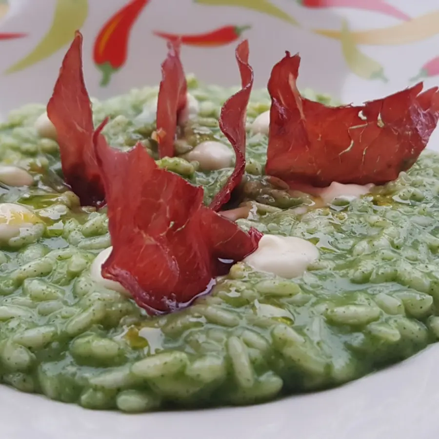creation thumb for Nettles risotto, toma cheese cream and crispy bresaola