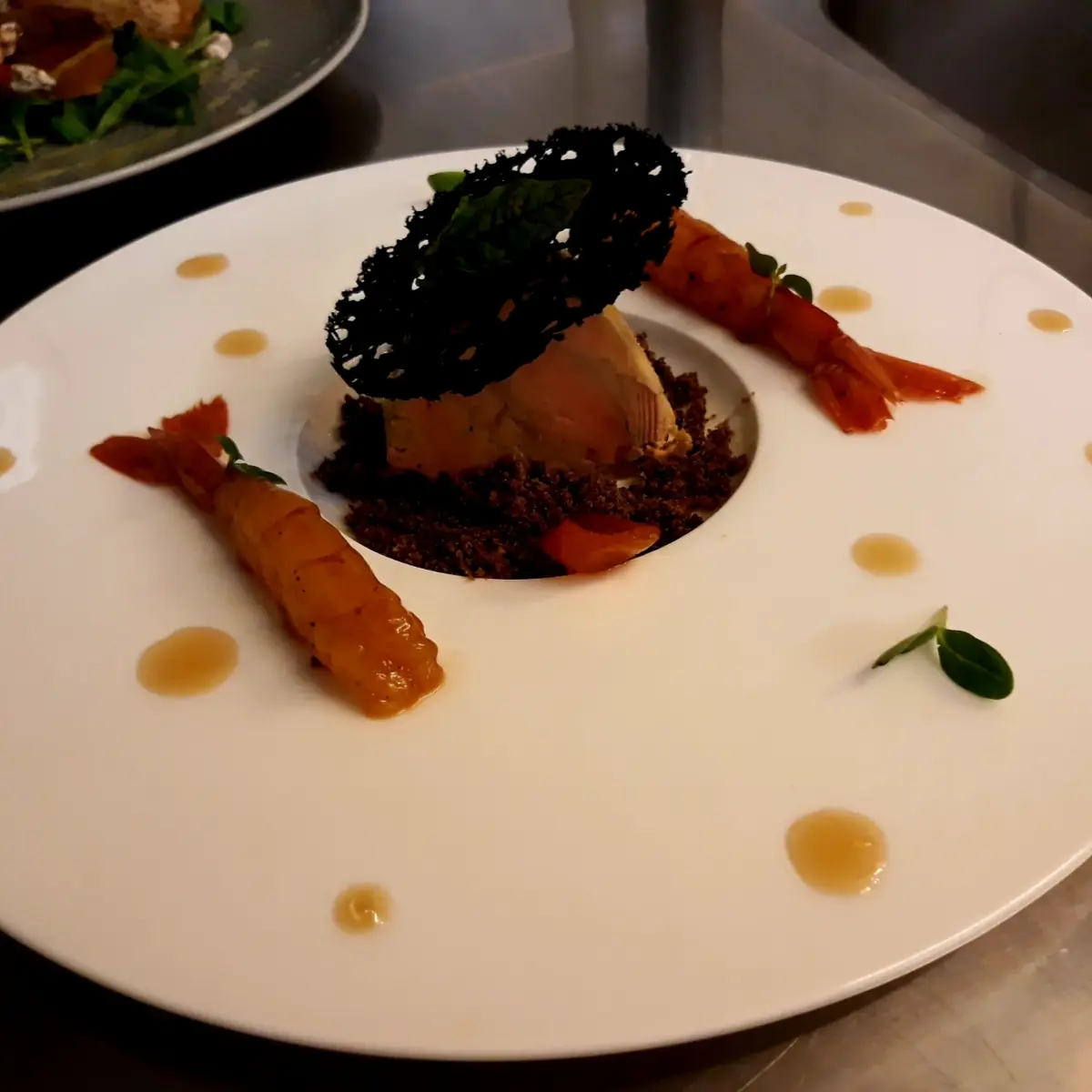 creation thumb for Foie gras, land of olives, and marinated prawns