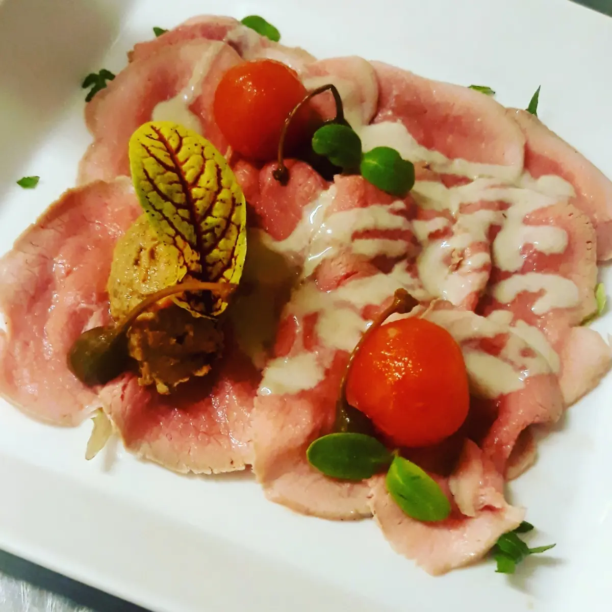 creation thumb for Pink point veal, caper quenelle, vanilla cherry tomatoes