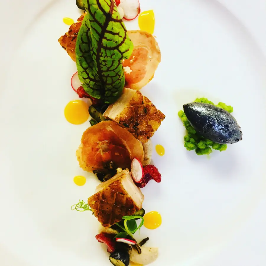 creation thumb for Foie gras mousse l pork belly l pancetta chips l edamame barely risotto l edible charcoal l kumquat & cognac sauce.
