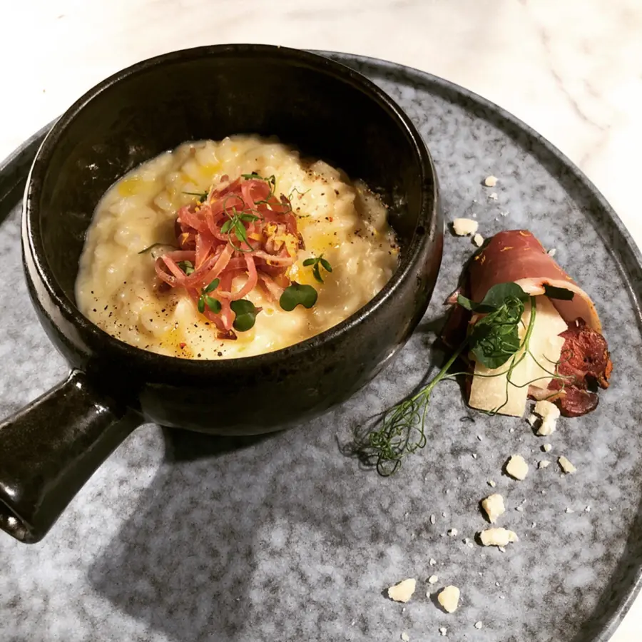 creation thumb for Parmesan risotto with handmade bacon from Naxos island.