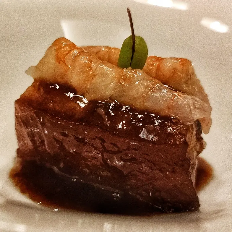 creation thumb for Oriental style pork belly, purple shrimp, quince