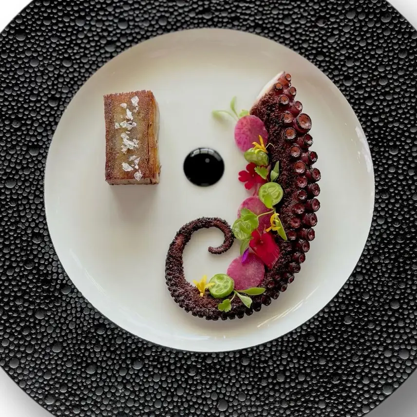 creation thumb for Grilled octopus with grasshopper dust and recado negro sauce