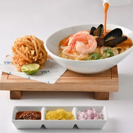 creation thumb for Khao Soi Seafood and Soy-Marinated Quail Eggs