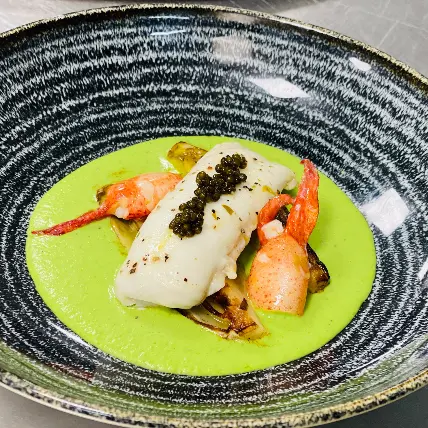 creation thumb for Pea purée black sole lobster beluga caviar