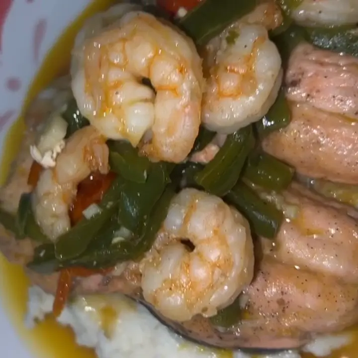 creation thumb for salmon on bed of mashed potatoes and grilled prawns