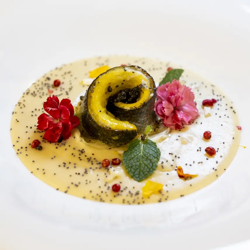 creation thumb for Sea bass with caviar, on soft Marsala and Sambuc flowers