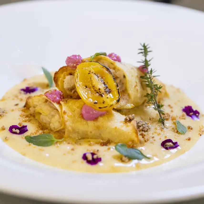 creation thumb for Chickpea Flour Rummuli with Rosé Salted Ricotta Foam