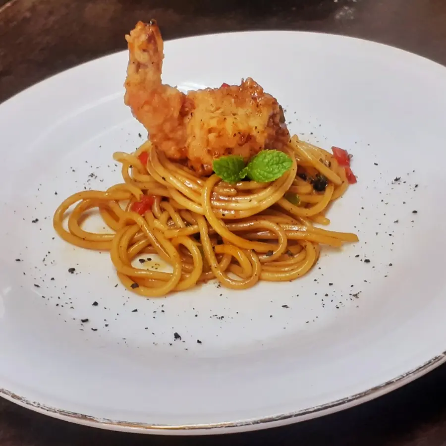 creation thumb for Blackpapper spaghetti with shrimp tempura