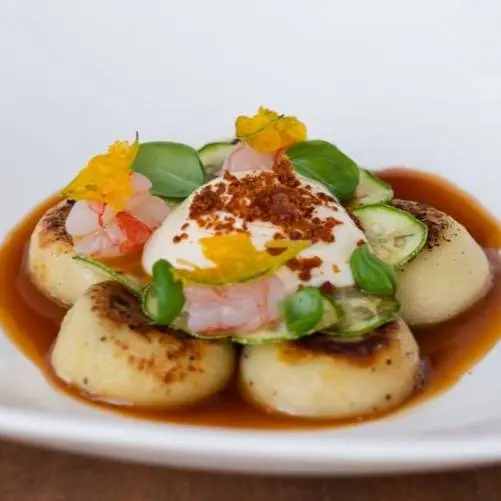 creation thumb for Roasted potato ravioli, shrimp, zucchini and fior di latte