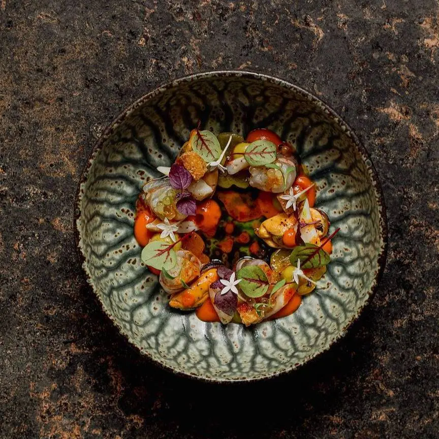 creation thumb for Peppers, Black Tiger Shrimp, Shellfish & Jus de Galères