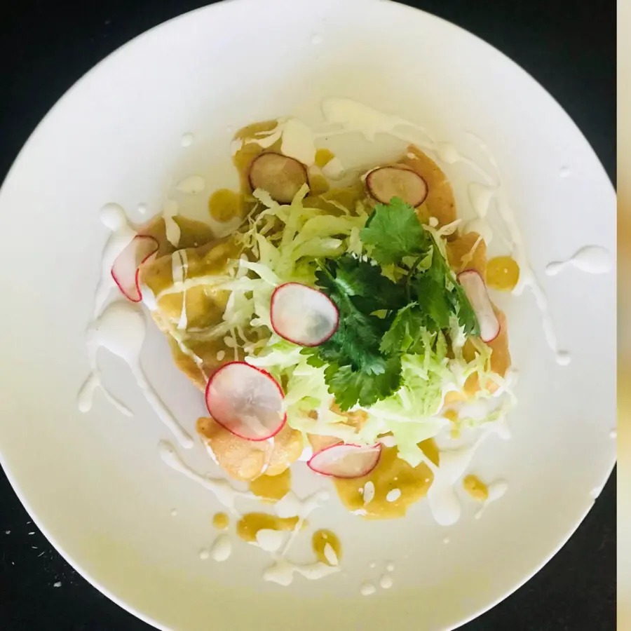 creation thumb for •Enchiladas De Pollo• Chiffonade Lettuce, Radish, Cilantro, Crema