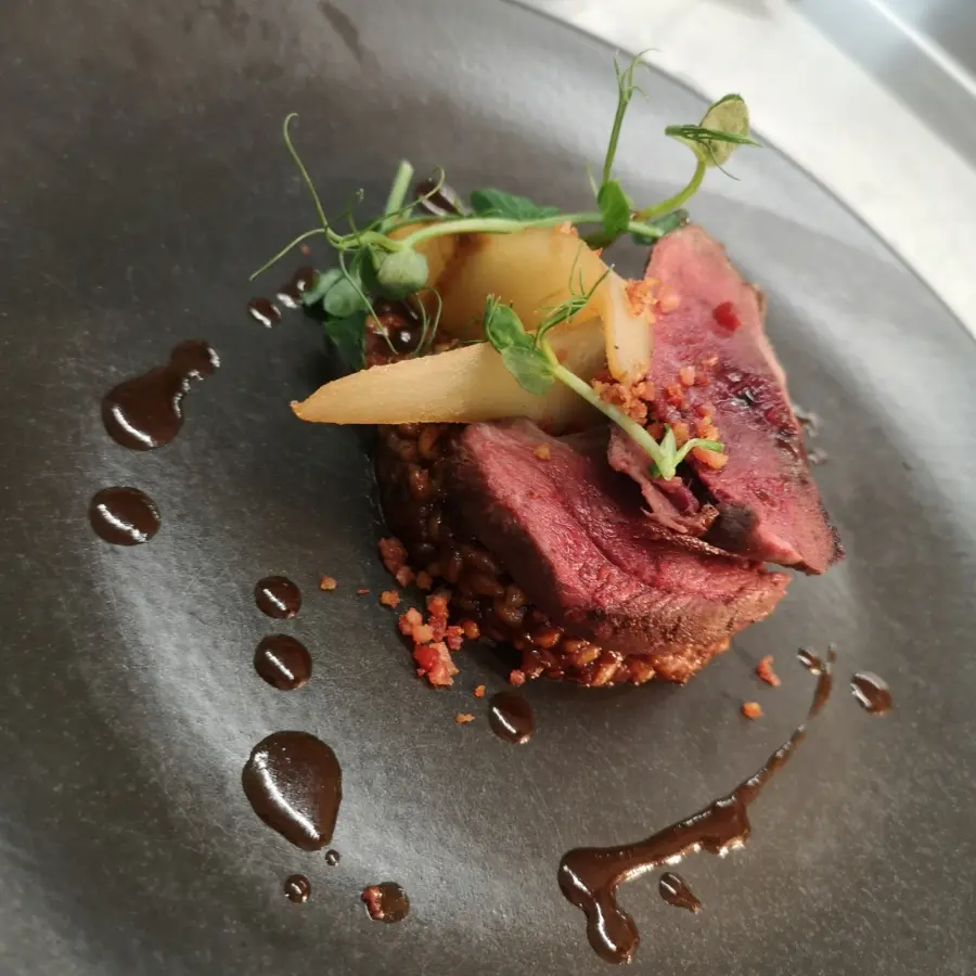 creation thumb for Pigeon with compressed pear and toasted Pearl Barley.