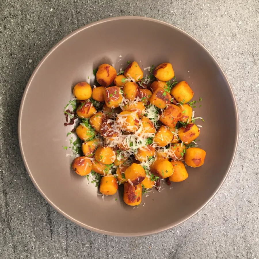 creation thumb for Pumpkin gnocchi, guanciale, grated pecorino and parsley