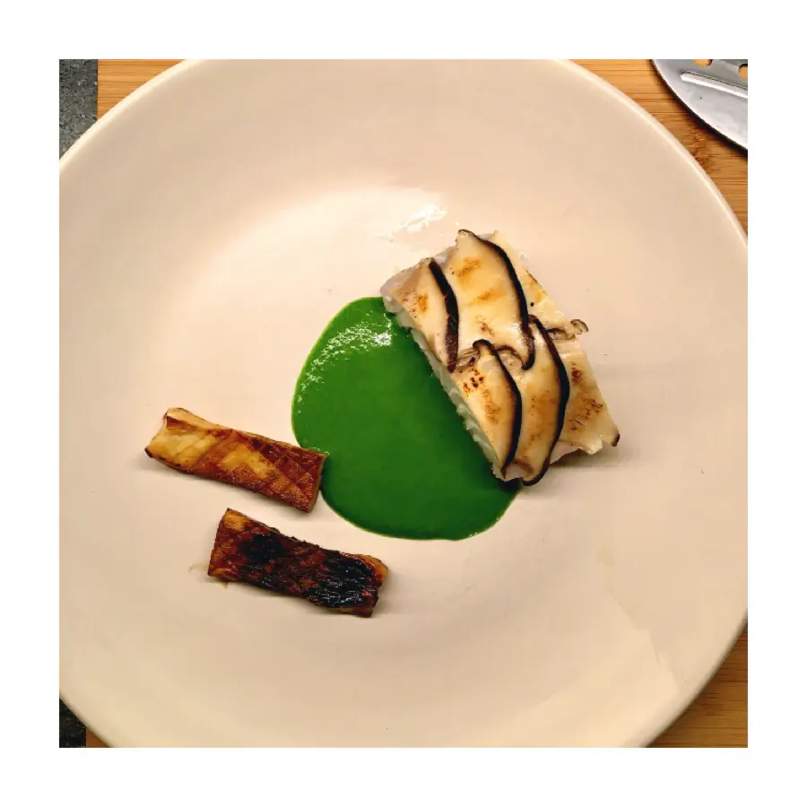creation thumb for Black cod, king oyster mushrooms, wild greens sauce, lemongrass oil