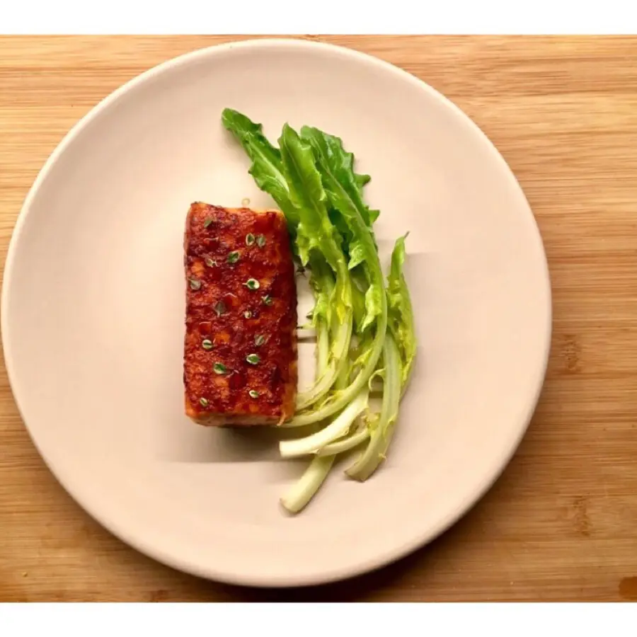 creation thumb for Teriyaki glazed wild salmon, lightly steamed baby cicory, lemon thyme and chilli oil