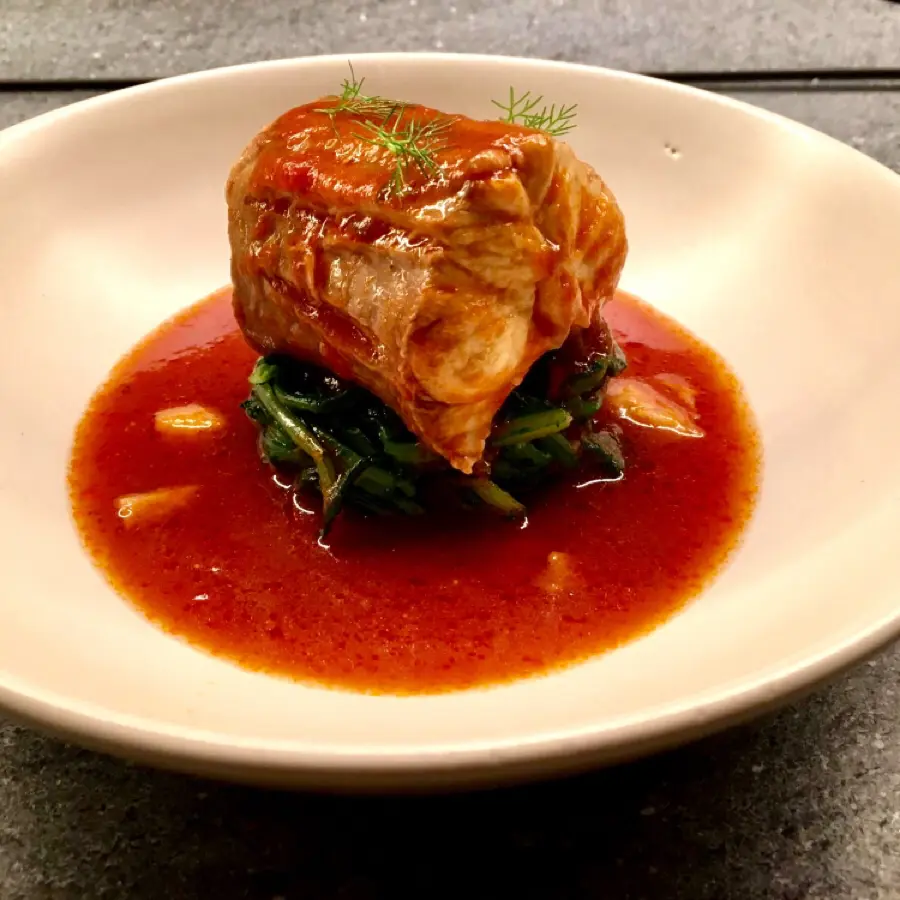 creation thumb for Spiny dogfish, tomato sauce, fish stock and dill