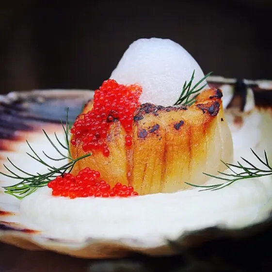 creation thumb for scallop, cauliflower purée , Parmesan foam, fish roe, dill !!