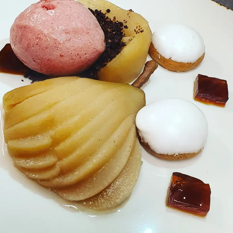 creation thumb for Vanilla and honey poached pear, mulled pear sorbet with pfeffernusse and rum jelly