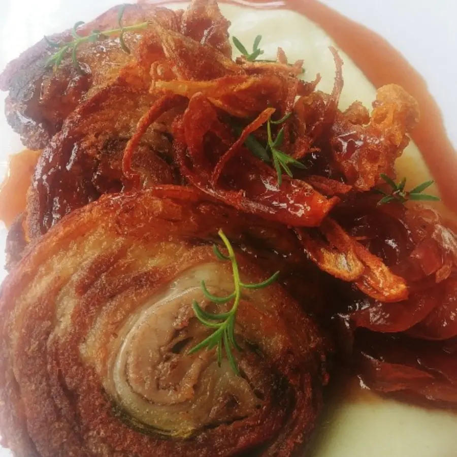 creation thumb for Crispy lamb belly, textures of onion and sea rosemary